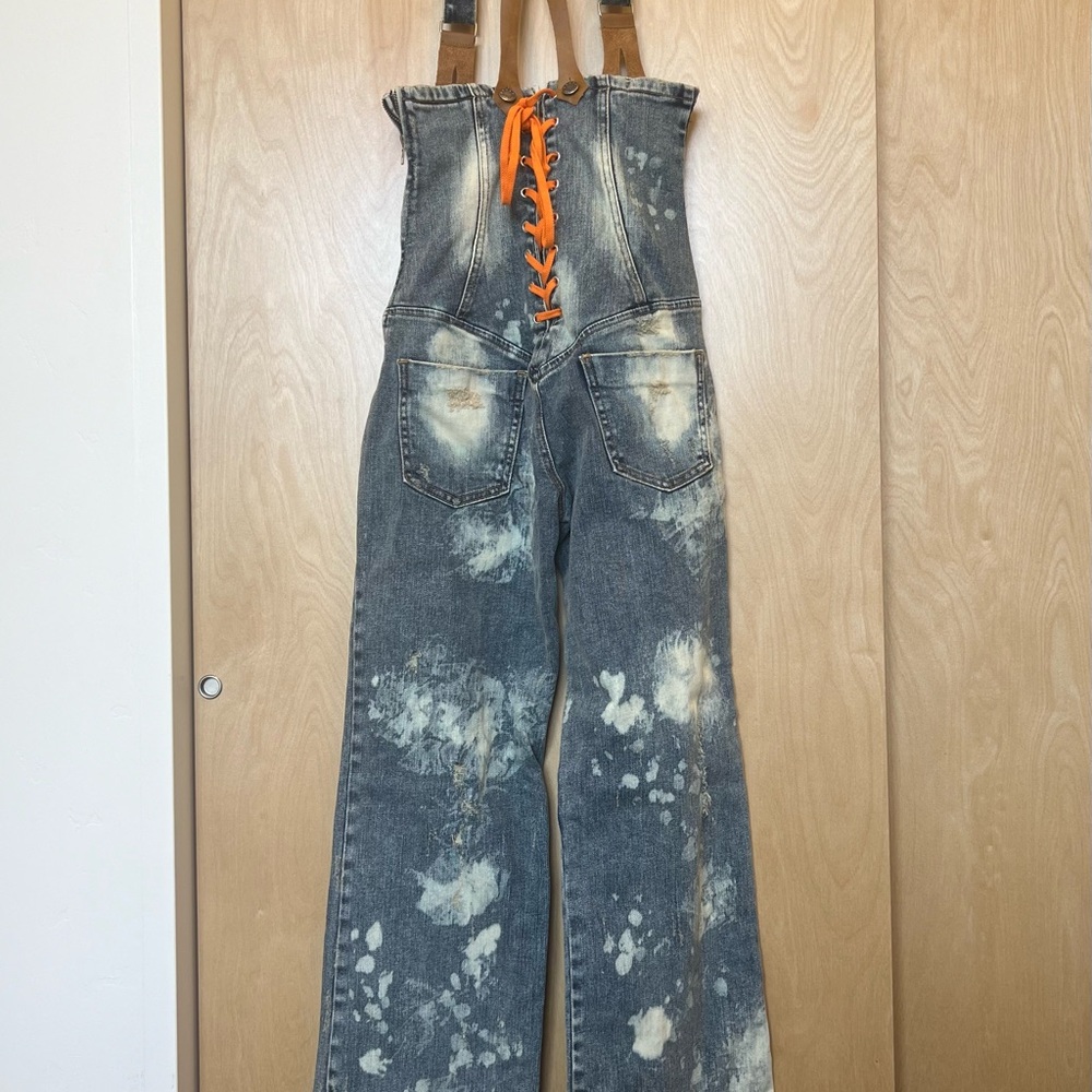 Unique Denim Overalls with Orange Lace-Up